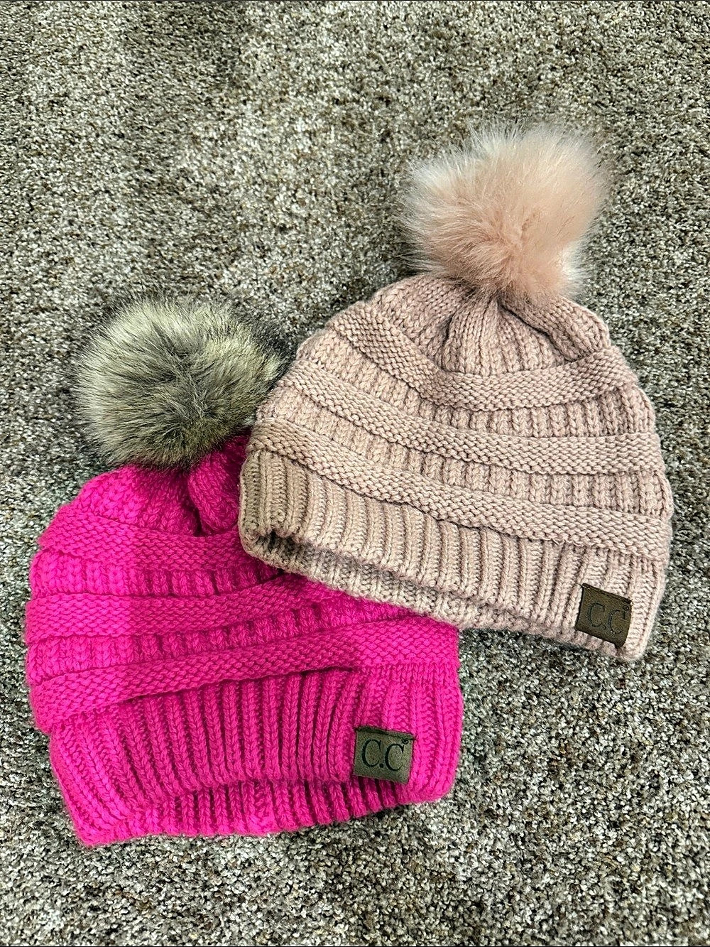 C.C Cable Knit Faux Fur Pom Beanie Set Pink & light pink